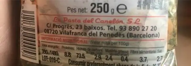 Sémola de verduras nutrition facts table
