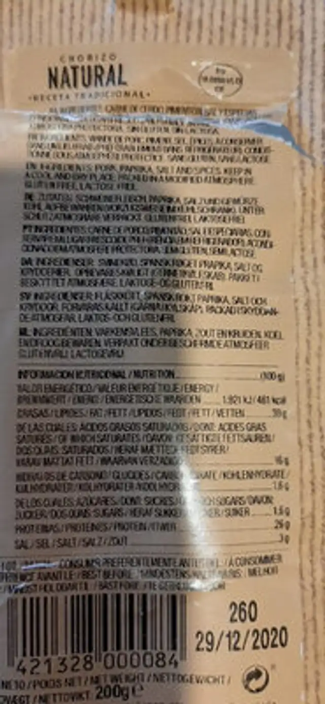 Chorizo Alejandro Dulce ingredients label