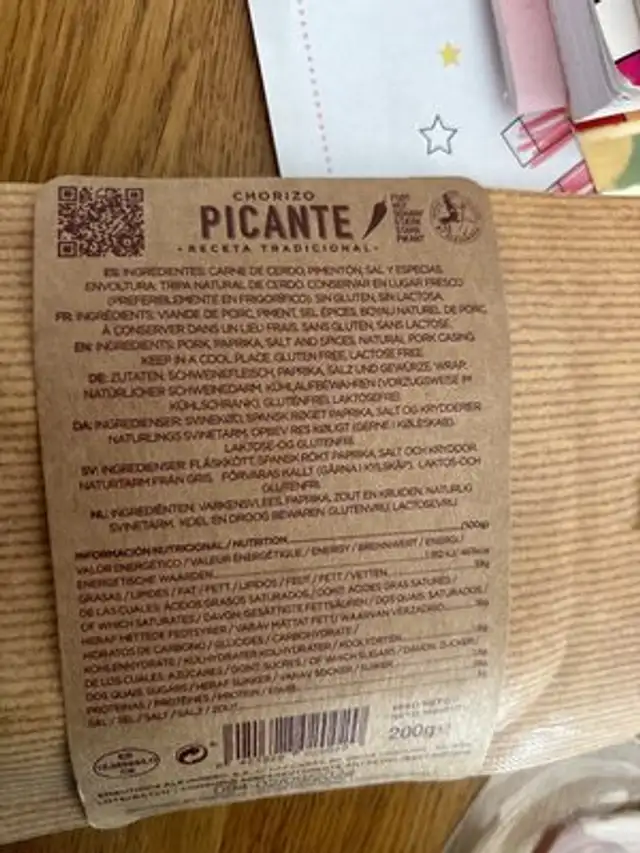 Chorizo Picante Collar 200G ingredients label