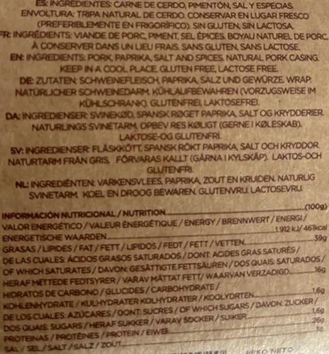 Chorizo Picante Collar 200G nutrition facts table