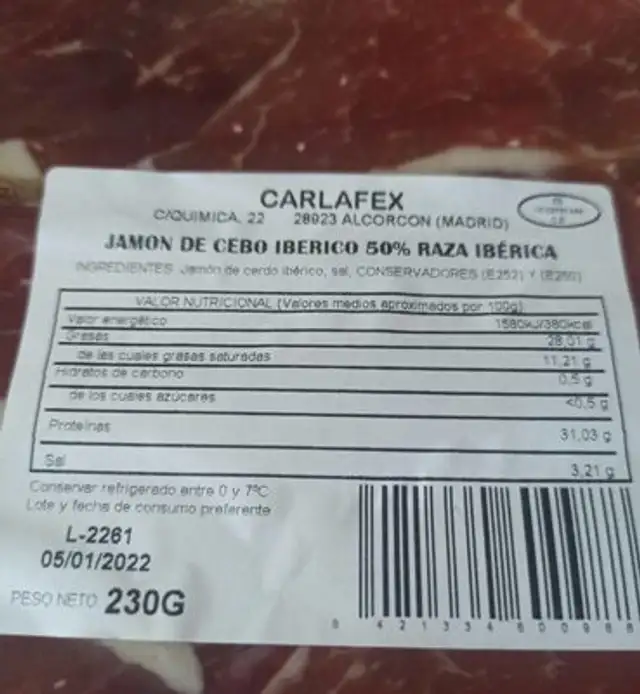 Jamon de cebo ibérico nutrition facts table
