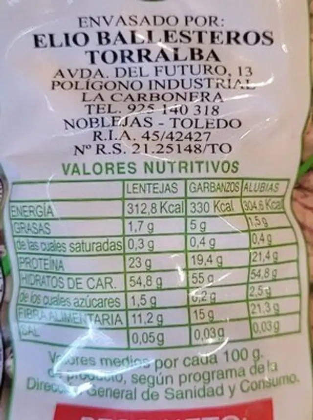 Judías pintas nutrition facts table