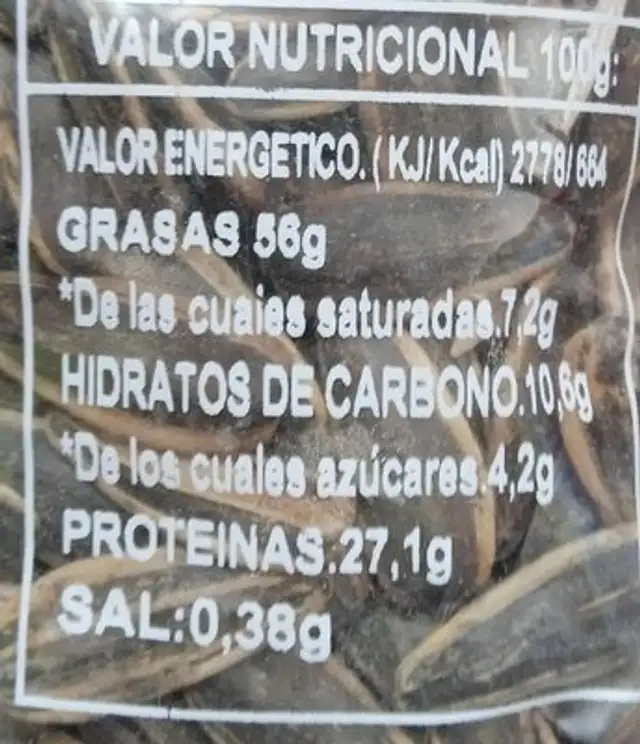 Pipa tostada LT-10 nutrition facts table