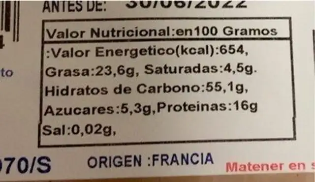 Avellana rajada nutrition facts table