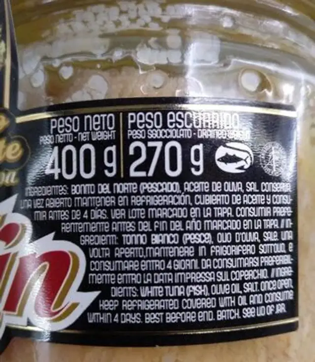 Bonito del Norte nutrition facts table