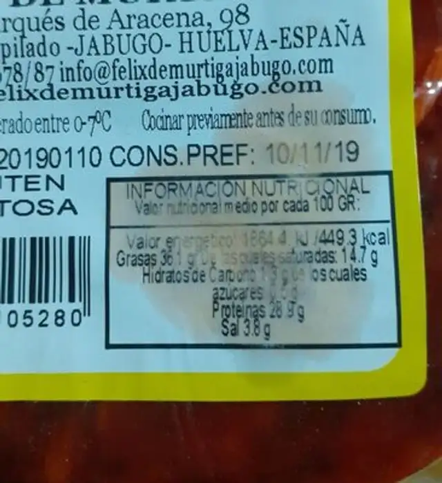 Jabuguito ibérico nutrition facts table