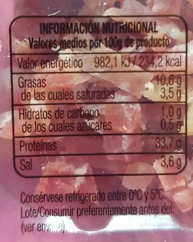 Pizcas de jamon nutrition facts table