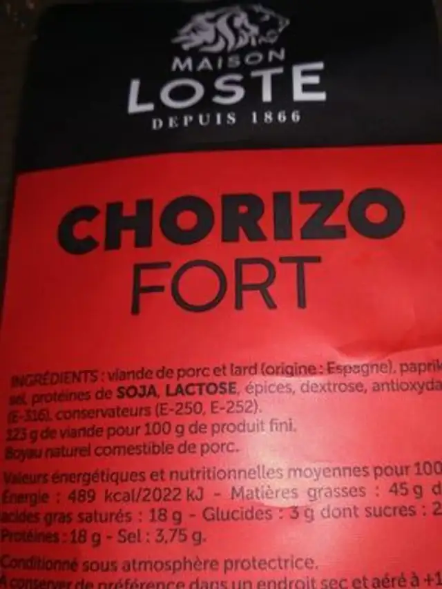 Chorizo ingredients label