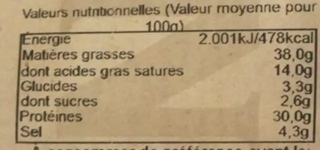 FUET EXTRA nutrition facts table