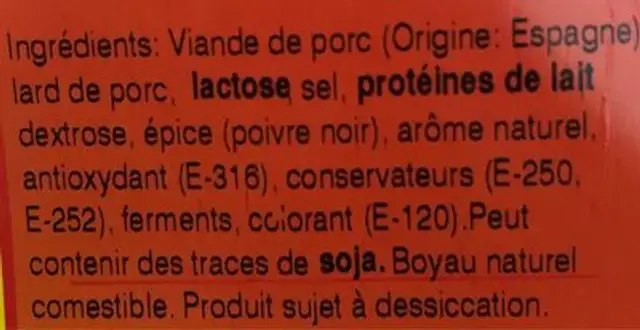 Fuet extra ingredients label