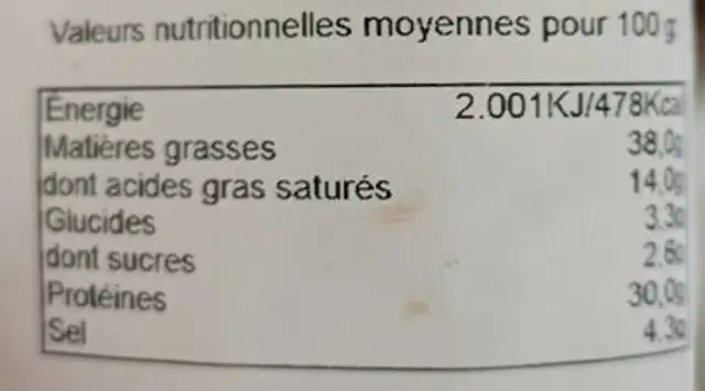 Fuet extra nutrition facts table