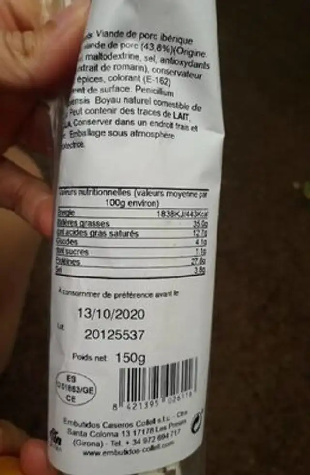 Fuet Extra Iberique nutrition facts table