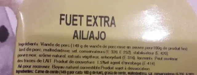 Fuet à l'ail ingredients label