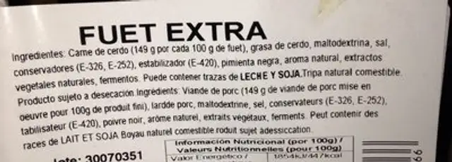 Fuet extra ingredients label