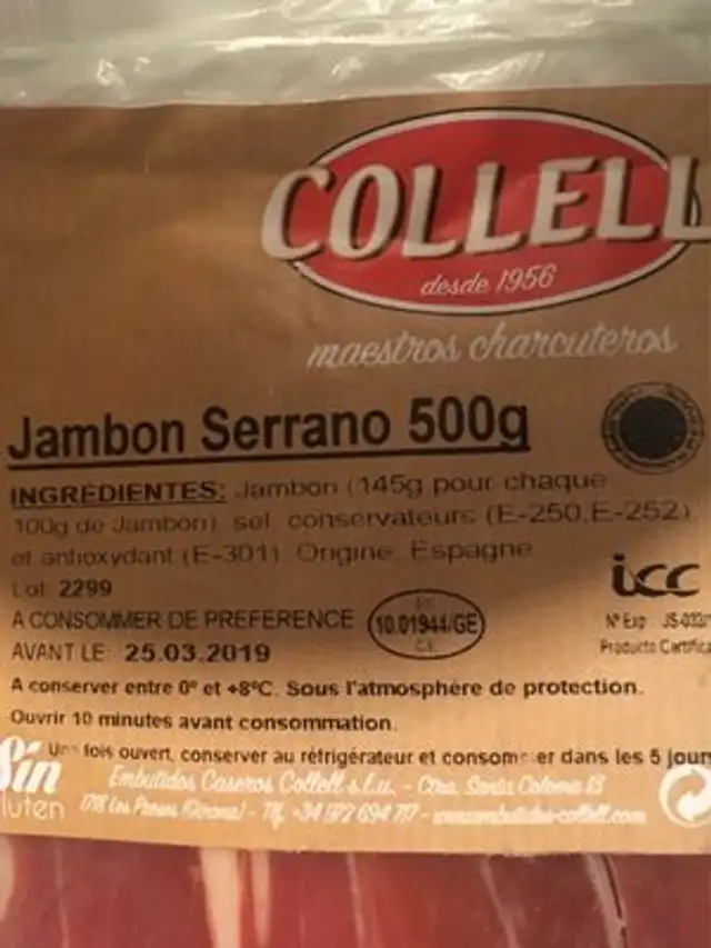 Jambon serrano 500g ingredients label