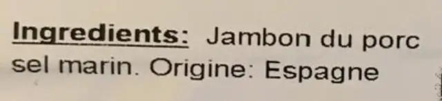 Jambon Serrano ingredients label