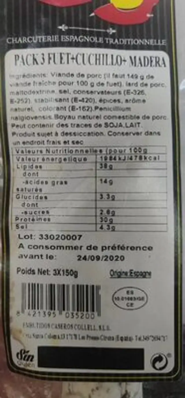 pack 3 fuet+cuchillo+madera nutrition facts table