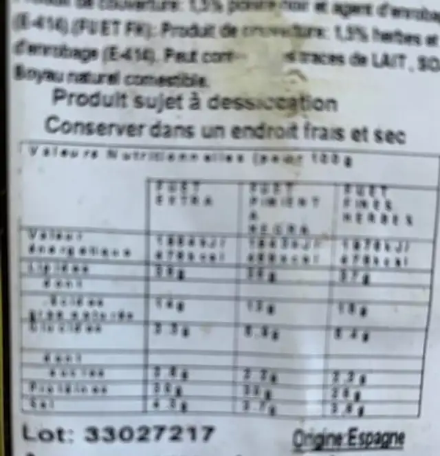 Turon saucisson espagnol nutrition facts table