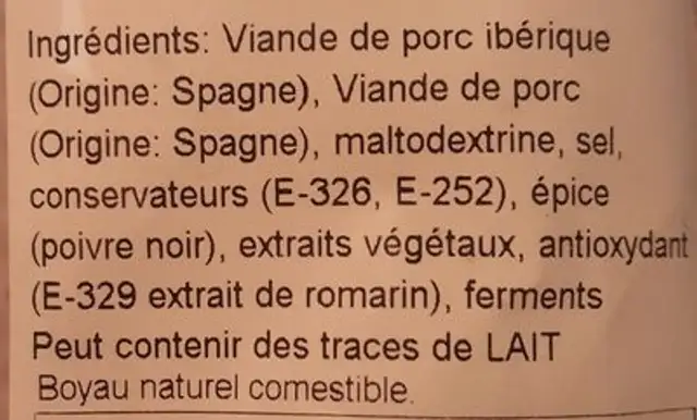 Fuet extra iberico pata negra ingredients label