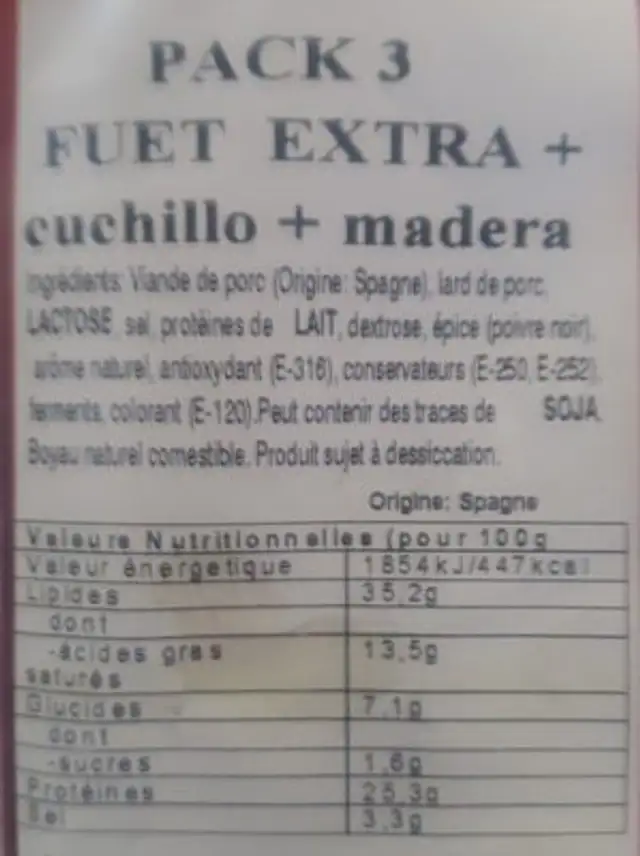 Fuet extra x3 ingredients label