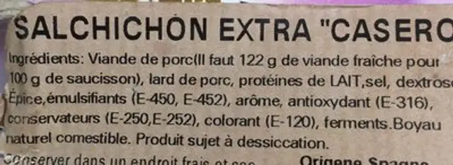 Salchichon extra casero ingredients label