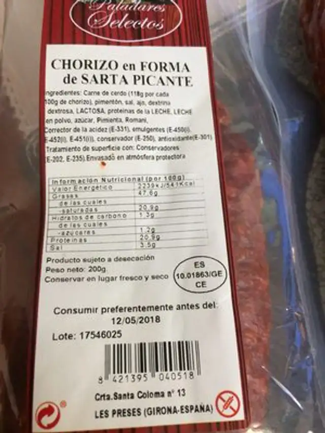 Chorizo - Salami Espagnol Au Paprika - Doux ingredients label
