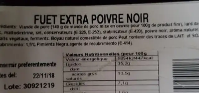 Guet extra poivre noir ingredients label