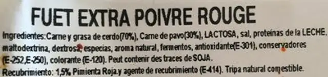 Fuet extra poivre rouge ingredients label