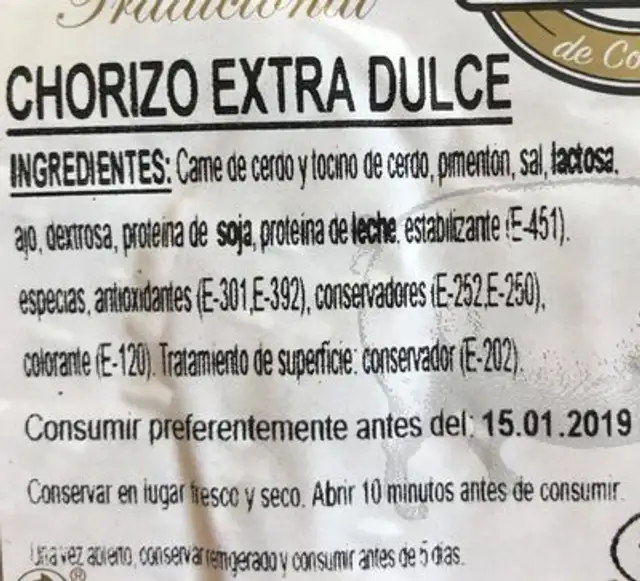 Chorizo Extra Dulce ingredients label
