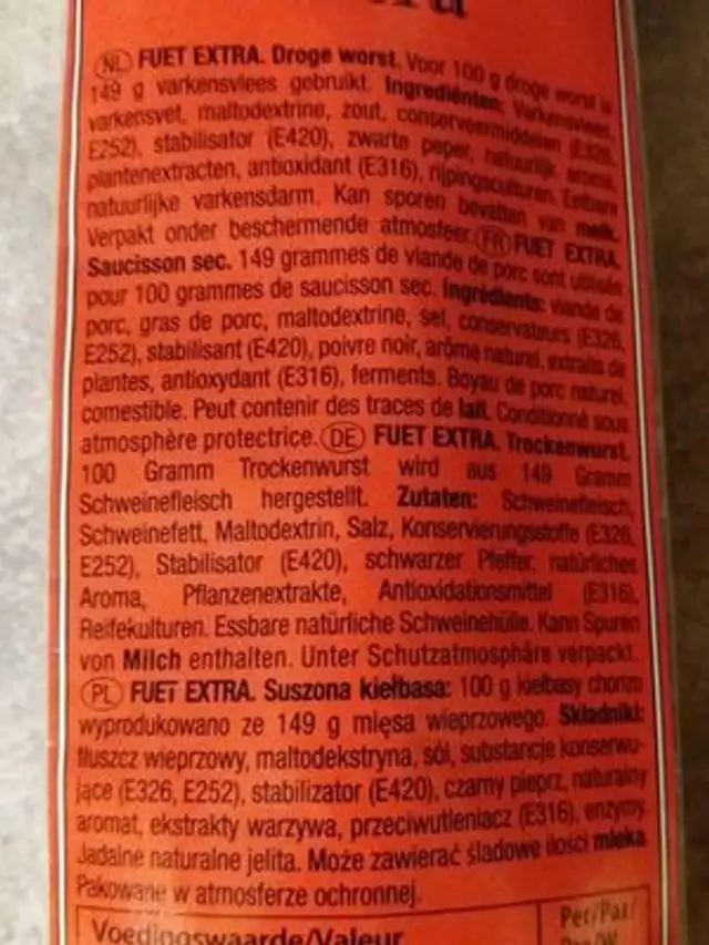 Turon ingredients label