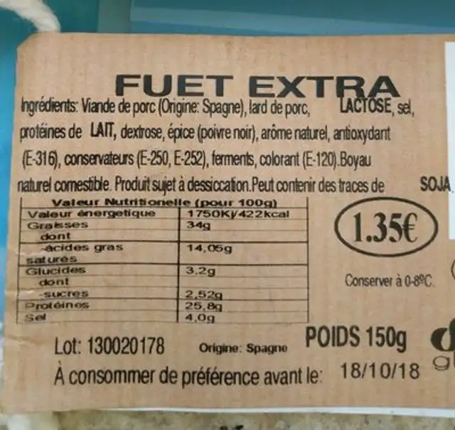 Fuet extra ingredients label