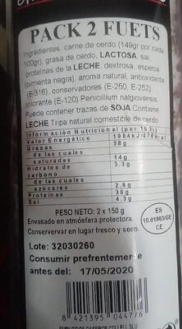 Pack 2 fuets nutrition facts table