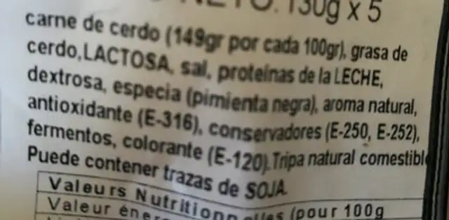 5 fuet extra ingredients label