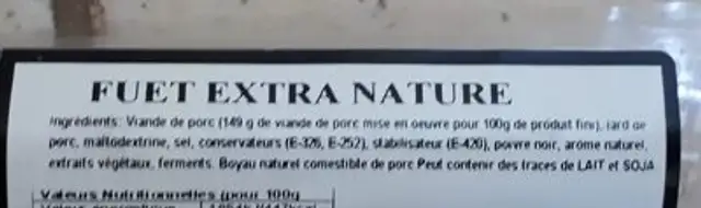 Fuet  extra nature ingredients label