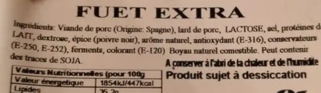 Fuet Extra ingredients label