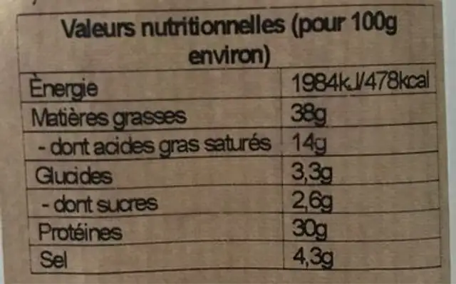 Fuet extra nutrition facts table