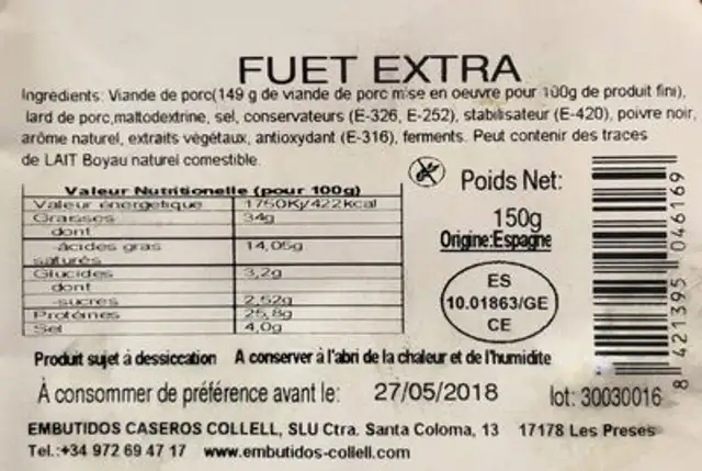 FUET EXTRA ingredients label