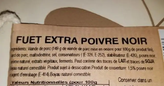 Fuet extra poivre noir ingredients label