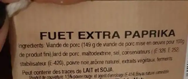 Saucisson ingredients label
