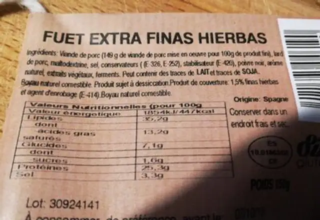 Fuet Extra Finas Hierbas nutrition facts table