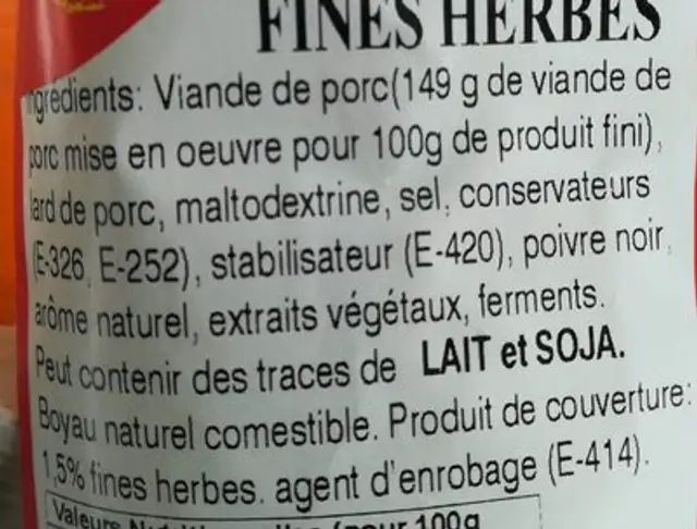 Fuet extra fine herbes ingredients label