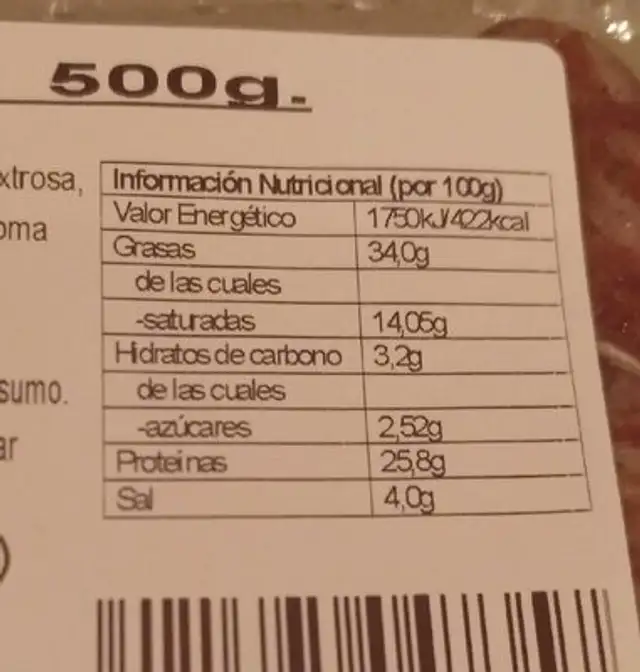 Fuet extra 500g nutrition facts table