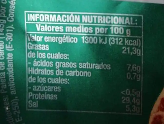 Paleta serrana nutrition facts table