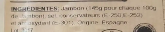 Jambon serrano ingredients label