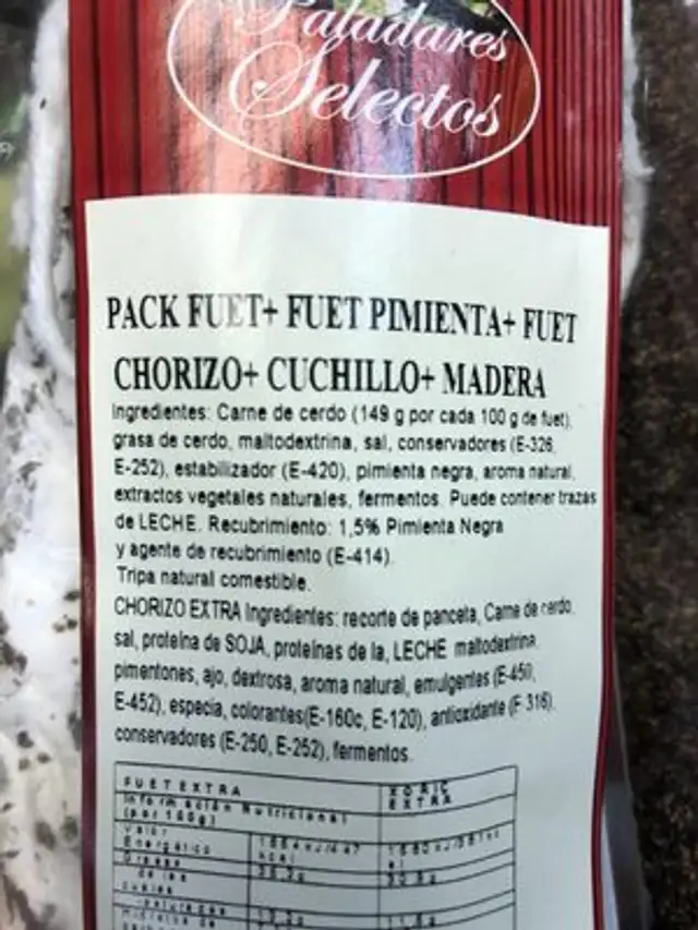 Pack Fuet ingredients label