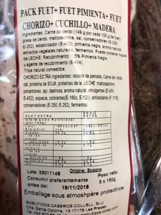 Pack Fuet nutrition facts table