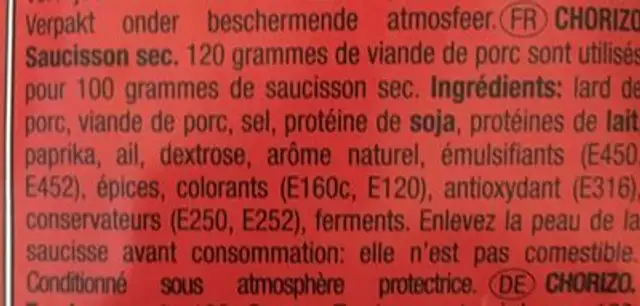 Chorizo ingredients label