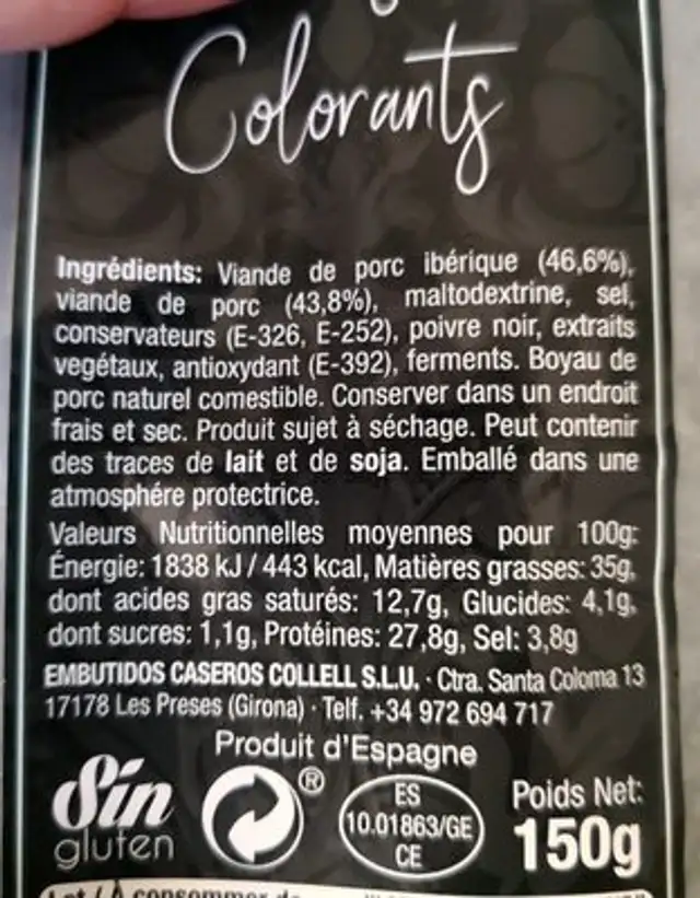 Fuet iberico ingredients label