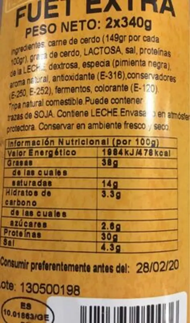 Fuet extra nutrition facts table