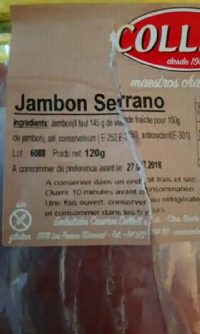 Jambon Serrano ingredients label